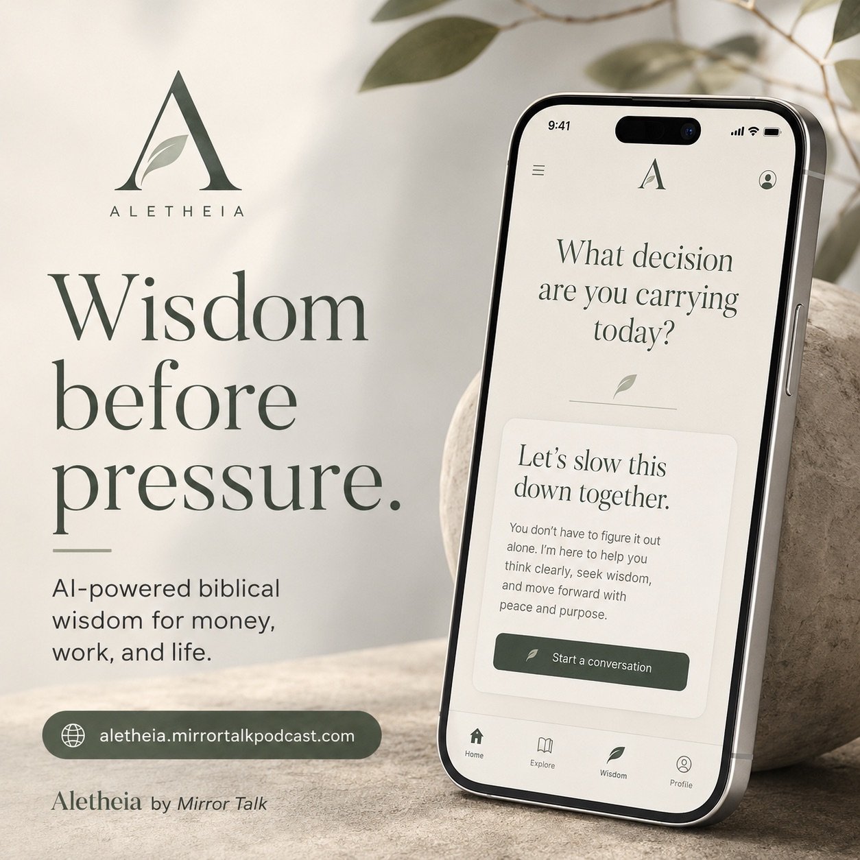 Aletheia is an AI-powered biblical wisdom companion for money, work, purpose, generosity, stewardship, and major life decisions.